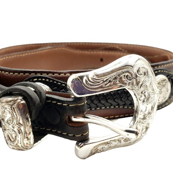 Justin Brown Black Leather Belt Braided Western Conchos Silver Tooled Buckle 30 - Picture 5 of 13